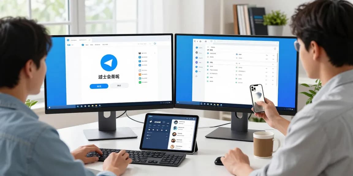 Telegram Chinese Version setup in a modern office environment with a professional using desktop and mobile app.