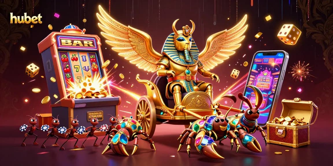 Experience thrilling wins with hubet's dynamic casino scene featuring vibrant slot machines and unique characters.