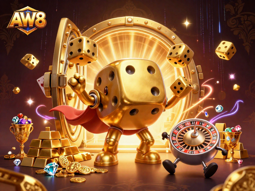 AW8 casino-themed illustration with a golden dice golem and treasure elements overflowing.