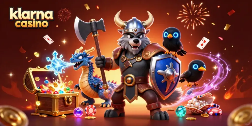 Experience the excitement of klarna casino with a Viking wolf warrior, fierce dragon, and casino elements.