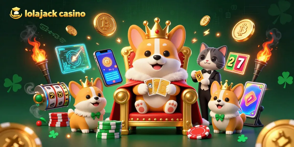 Experience the thrill of lolajack casino with a royal corgi seated on poker chips, surrounded by crypto coins.