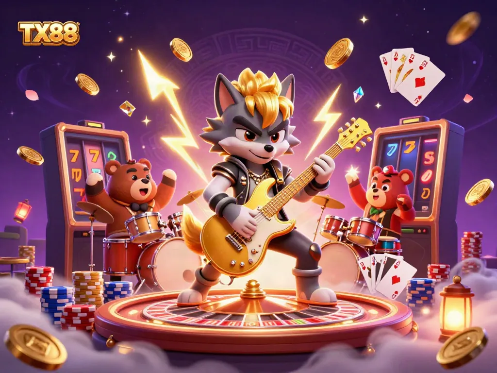Experience the excitement of TX88 with a vibrant scene of a rock star wolf and drummer bear captivating the casino stage amidst dazzling game elements.