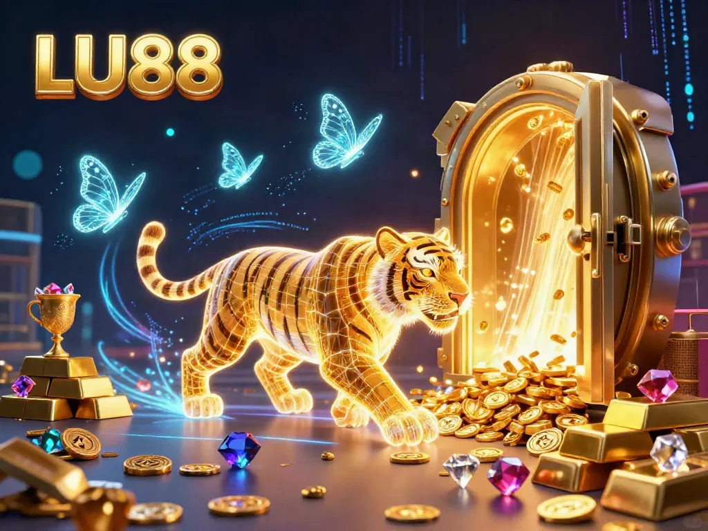Experience thrilling wins with LU88's vivid digital casino scene, featuring a golden tiger amidst treasures and high-stakes excitement.