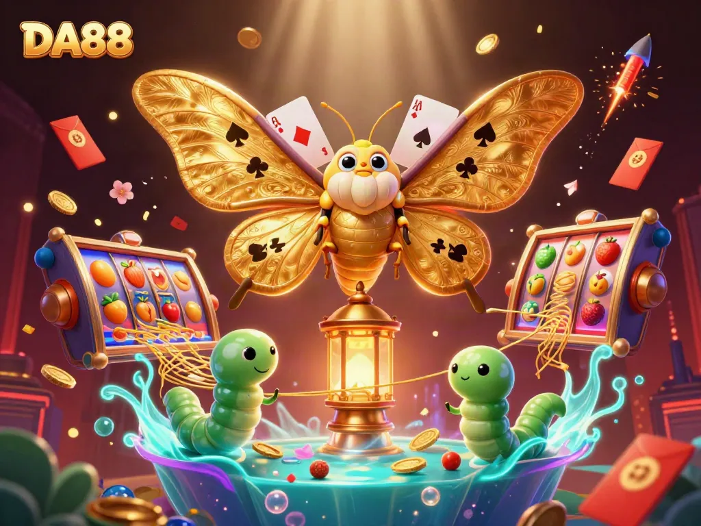 DA88 showcases vibrant casino energy with a golden moth, slot reels, and lucky symbols.