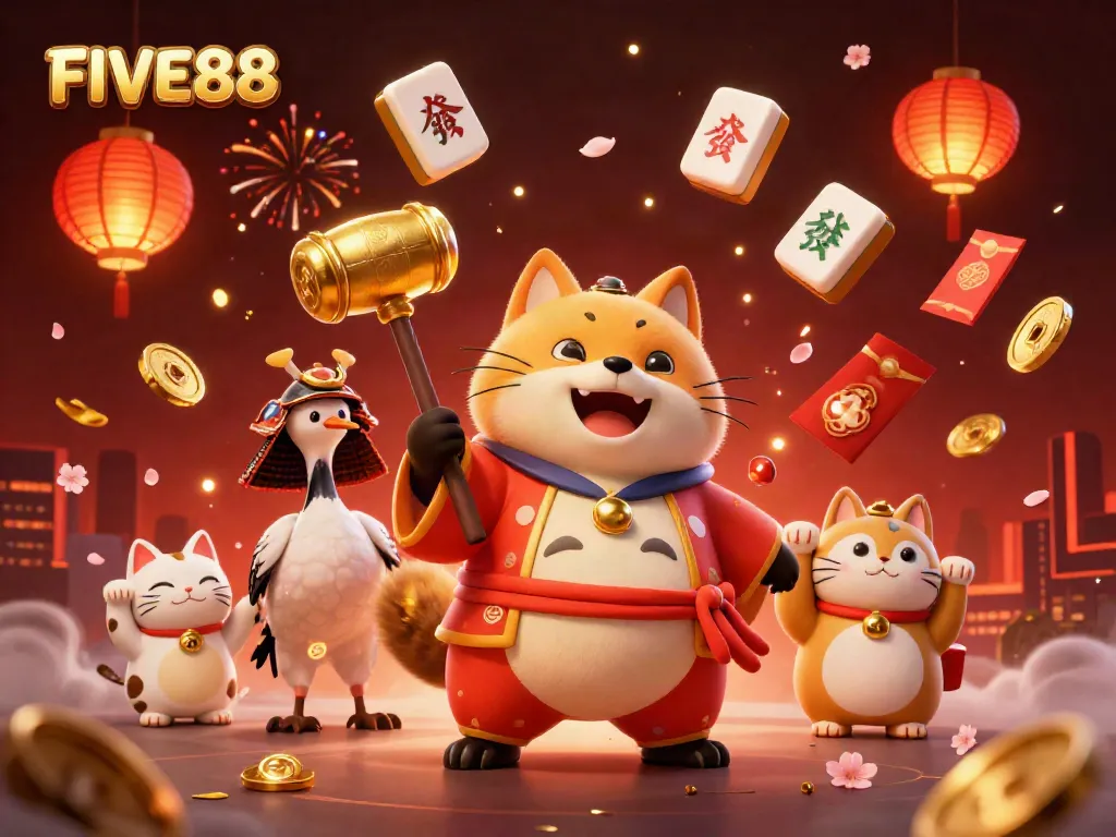 Experience the fun of FIVE88 with cheerful characters and casino-themed elements in a vibrant scene.