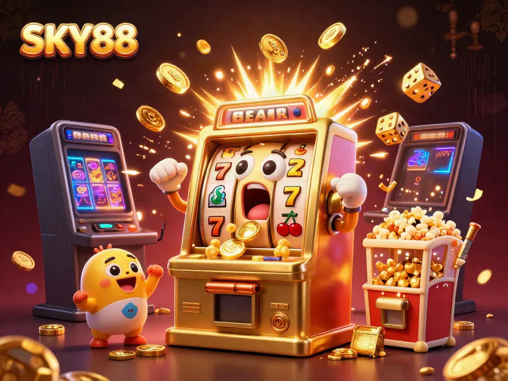 SKY88 offers a dynamic casino experience with an animated golden slot machine celebrating a jackpot amidst flying coins and colorful symbols.