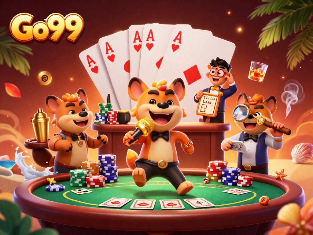 Go99 hyenas in a lively casino scene showcasing poker elements and vibrant atmosphere.