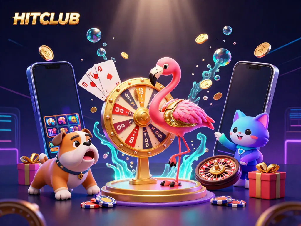 Experience HITCLUB with vibrant casino elements and dynamic gaming excitement in this lively 3D illustration.