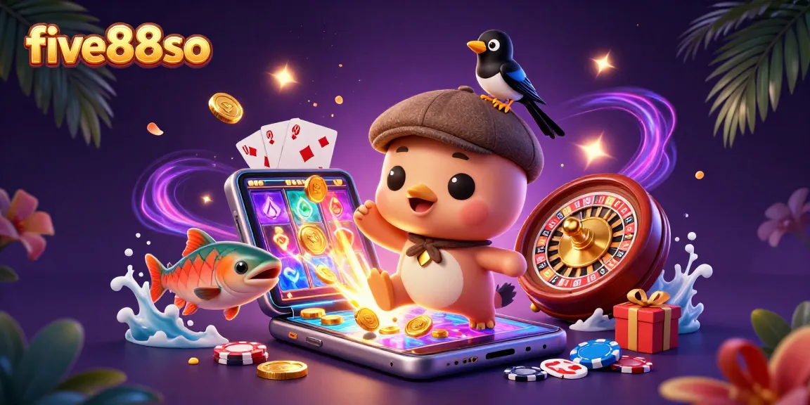 Win big with five88so's vibrant slot games, featuring Nessie and friends in a rich casino-themed illustration.