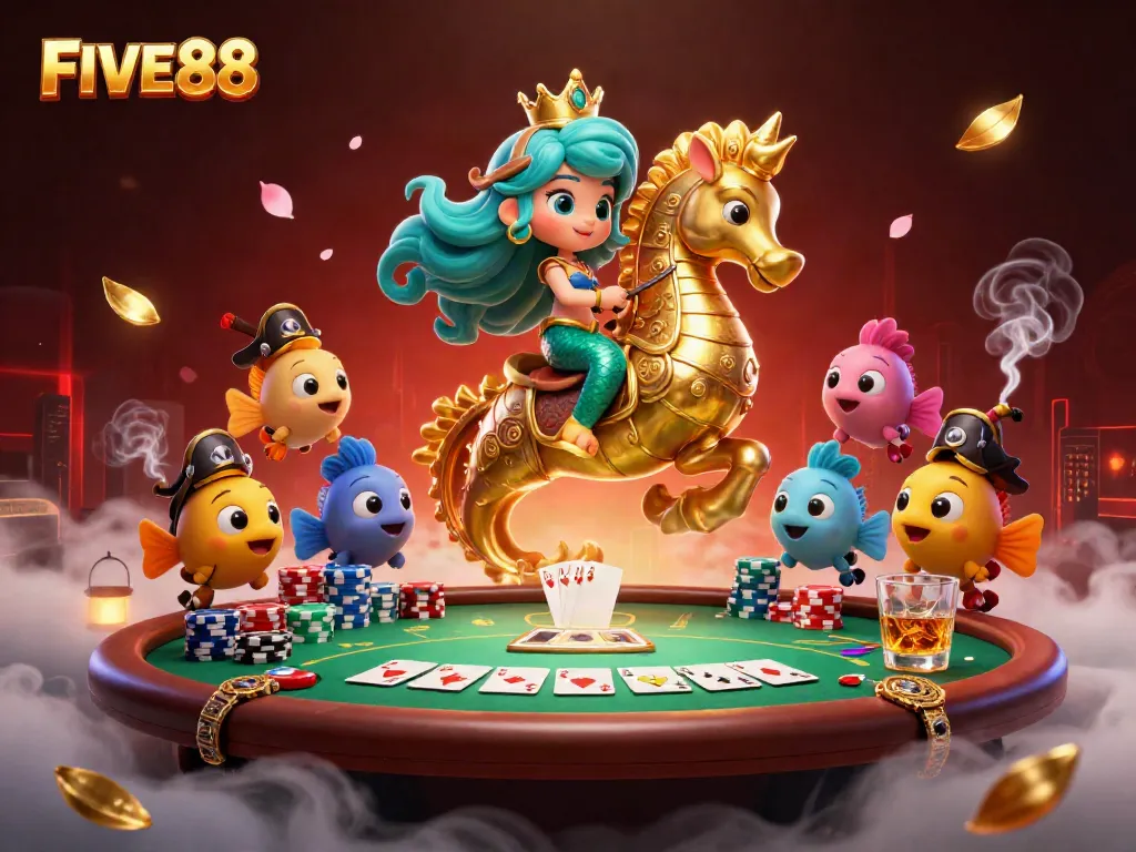 Experience the excitement of FIVE88 with a vibrant 3D scene featuring a mermaid and poker elements.