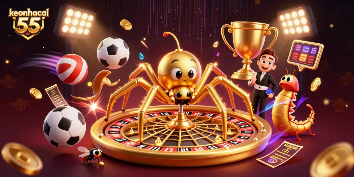 Engage with keonhacai 55, featuring a dynamic illustration of sports betting action with a spider and fly.