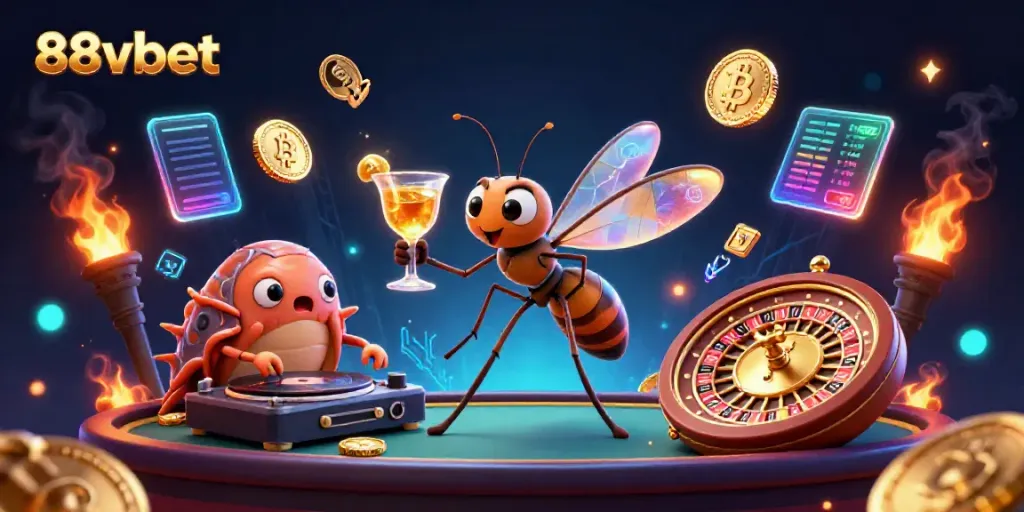 Engage in the vibrant world of 88vbet with a lively casino scene featuring unique characters and elements.