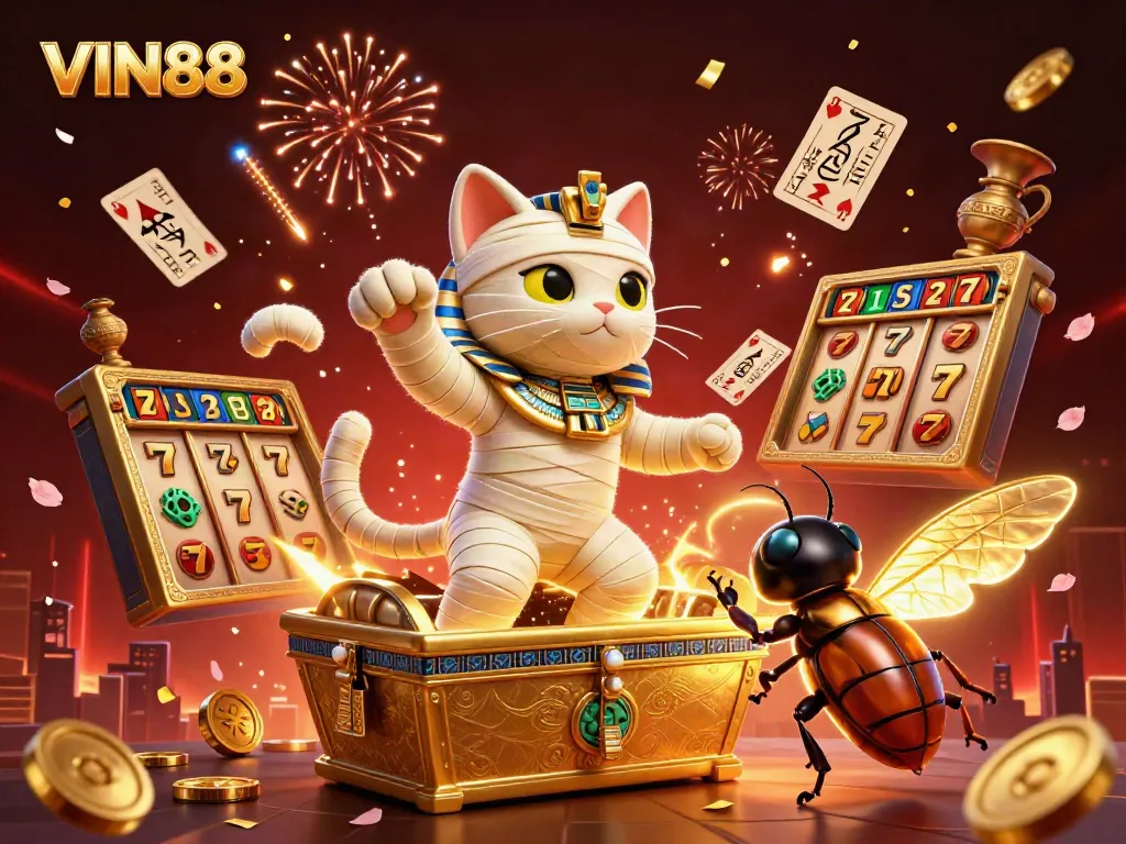 Engage in the thrilling world of VIN88 with an exciting 3D illustration featuring dynamic casino elements and vivid characters.