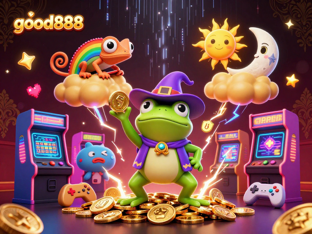 Experience the thrill of good888 with a frog conjuring golden coins amidst vibrant game elements.