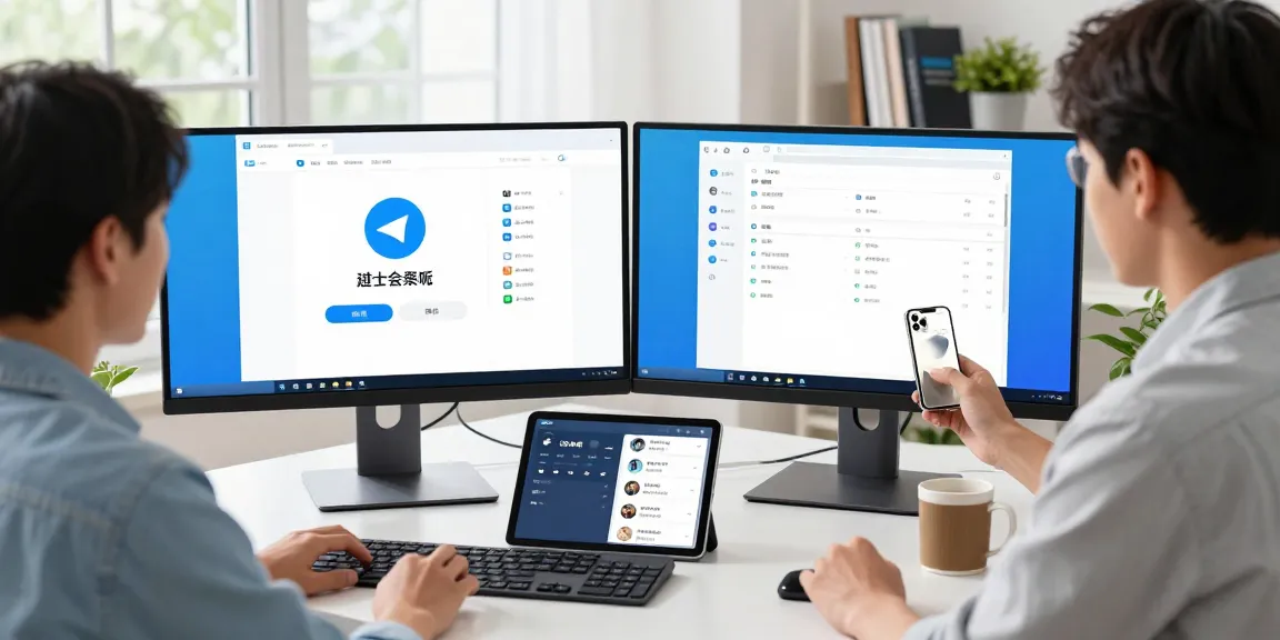 Telegram Chinese Version setup in a modern office environment with a professional using desktop and mobile app.