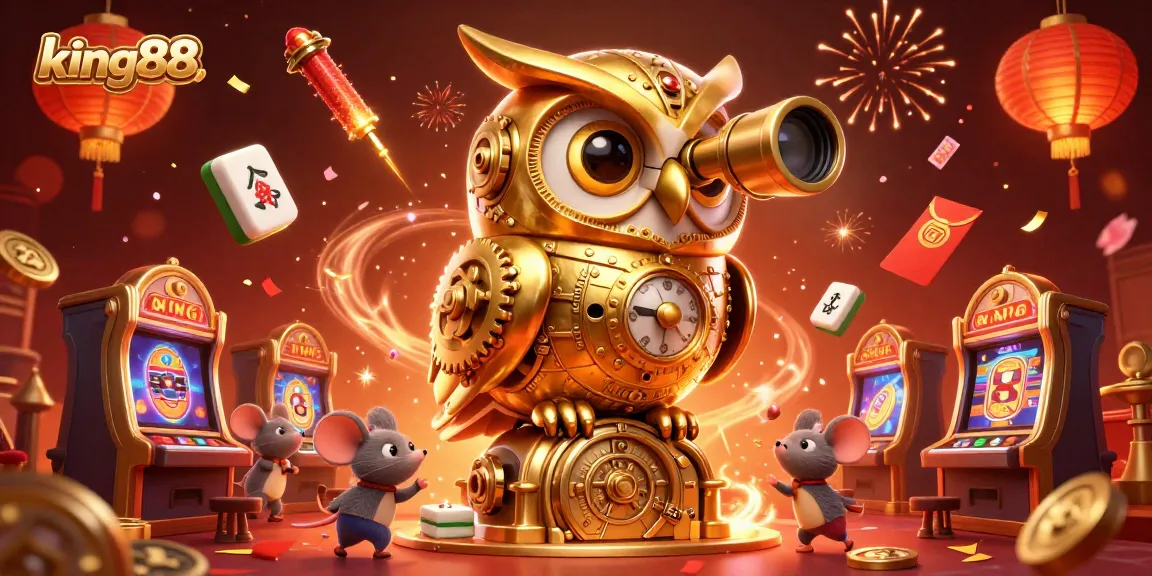 king88 captivates with an enchanted casino scene featuring a clockwork owl and jubilant mouse patrons.