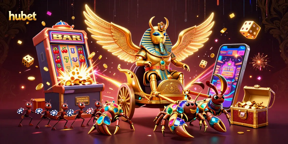 Experience thrilling wins with hubet's dynamic casino scene featuring vibrant slot machines and unique characters.