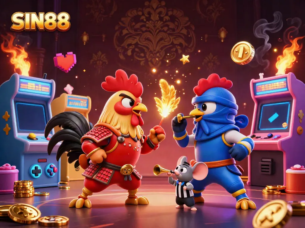 SIN88 captivates with a battle between cartoon roosters in samurai and ninja attire amidst a vibrant casino-themed scene.