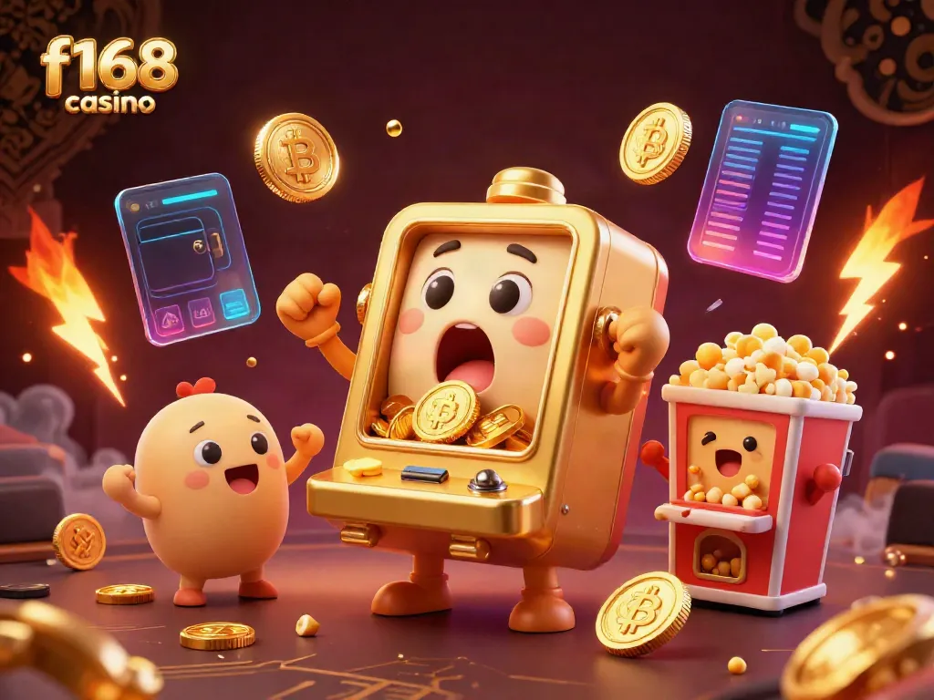 Experience the thrill of f168 casino with a vibrant jackpot scene featuring golden slot machines, crypto coins, and exciting decorations.