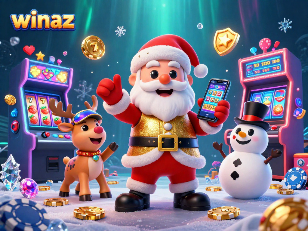 Winaz showcases a vibrant casino scene with Santa, a reindeer dealer, and a poker-themed snowman.