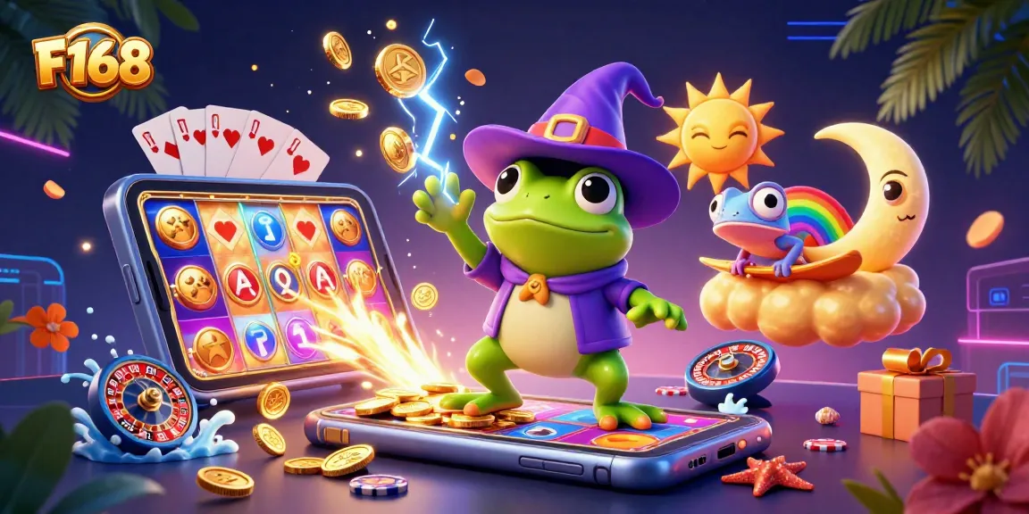 Experience thrilling luck at F168 with a weather wizard frog stirring golden coins in a vibrant casino scene.