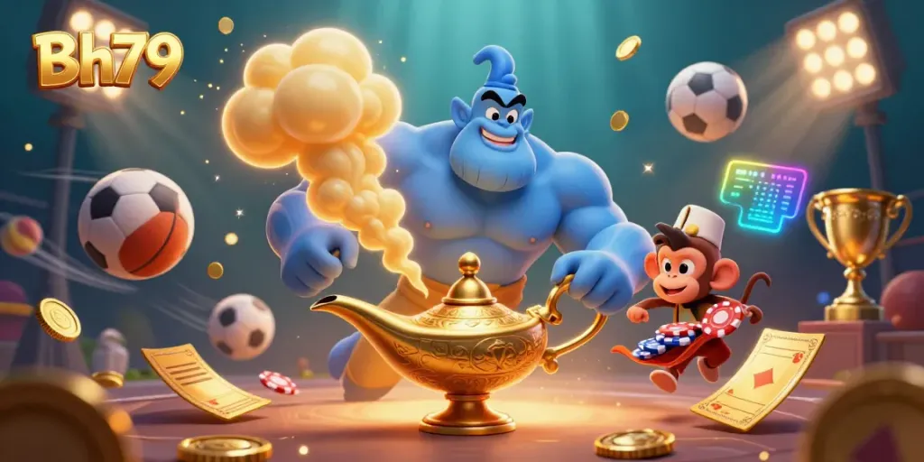Experience Bh79's thrilling casino adventure with a dynamic genie and gaming icons in action.