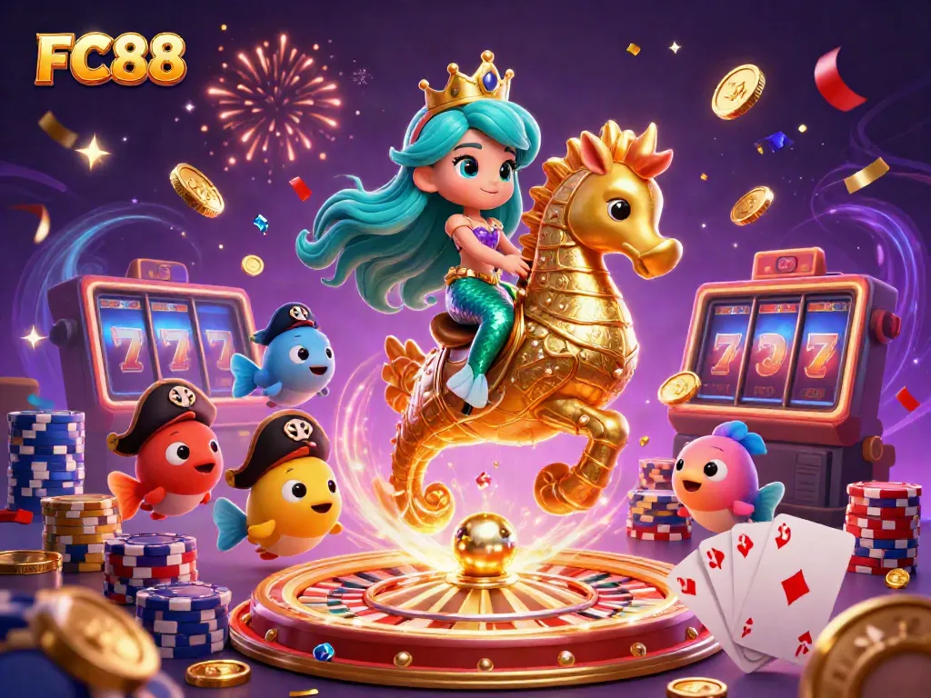Experience exciting wins at FC88 with this colorful 3D casino scene featuring vibrant characters and dynamic game elements.