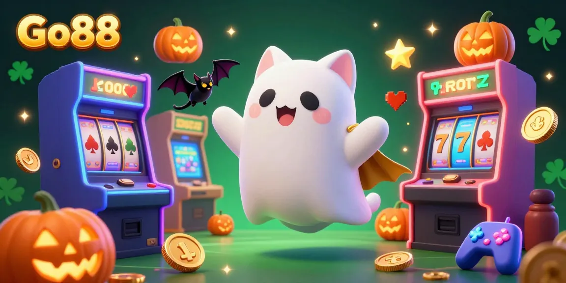 Engage with Go88's dynamic casino environment featuring a ghost cat and vampire bat amidst colorful gaming elements.