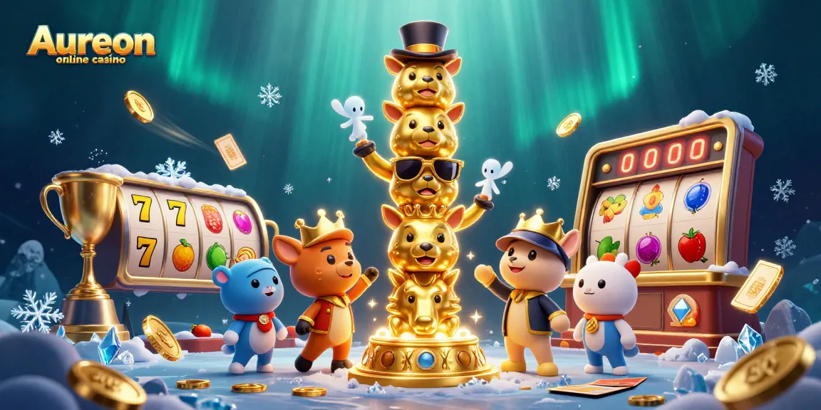 Aureon online casino showcases a vibrant 3D illustration featuring unique casino elements and characters actively engaging.