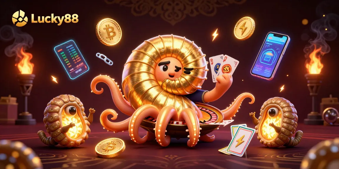 Engage with Lucky88 at this vibrant online casino scene filled with crypto coins, games, and interactive elements.
